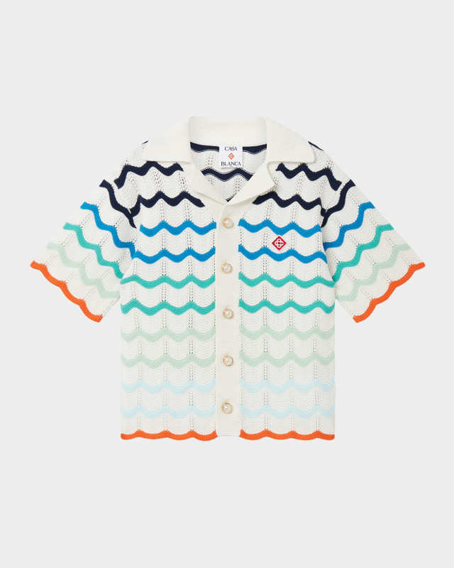 Boy's Crochet Wave Stripe Short-Sleeve Shirt, Size 3T-14